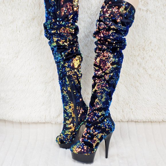 Blue Iridescent Sequin Thigh High 6" Heel Slouch Boots RESTOCKED 3004 - Picture 14 of 14
